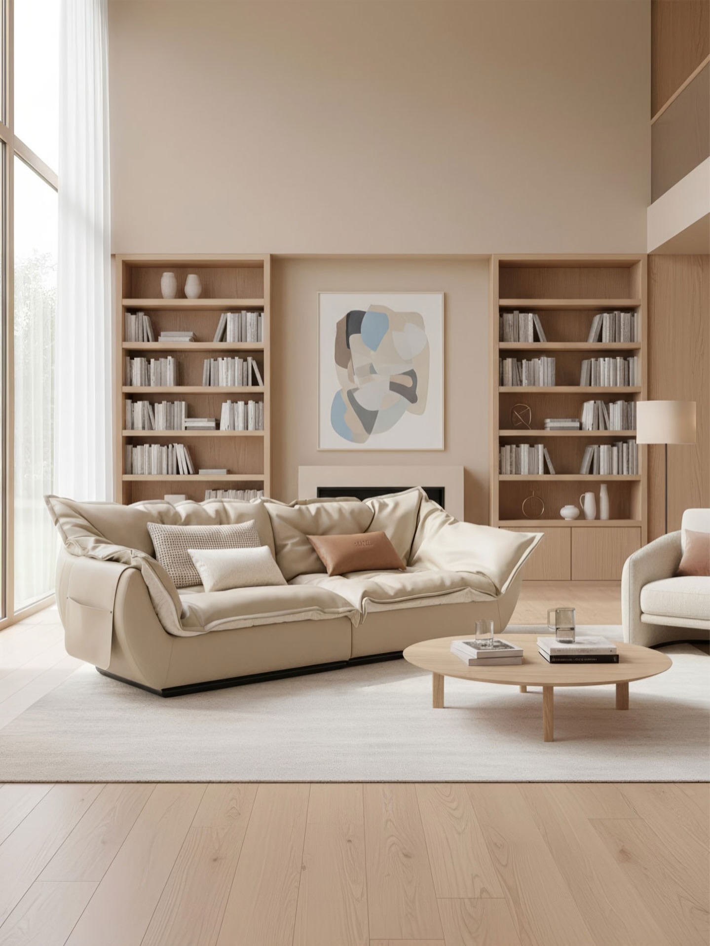 푹신한 쿠션과 여유 있는 좌방,
그리고 가죽과 패브릭이 만들어내는 두 가지 감도.
기분에 따라 다른 장면을 연출할 수 있습니다.

팔걸이의 포켓에는 리모컨과 책 한 권이
자연스럽게 자리 잡아 늘 깔끔한 공간이 유지되고,
낮은 테이블 위에는 물 한 잔만 올려도
레브가 중심이 되는 미니멀한 무드가 완성됩니다.

오늘 저녁, 가장 먼저 앉고 싶은 자리.
우리 집의 라운지는 레브에서 시작돼요.