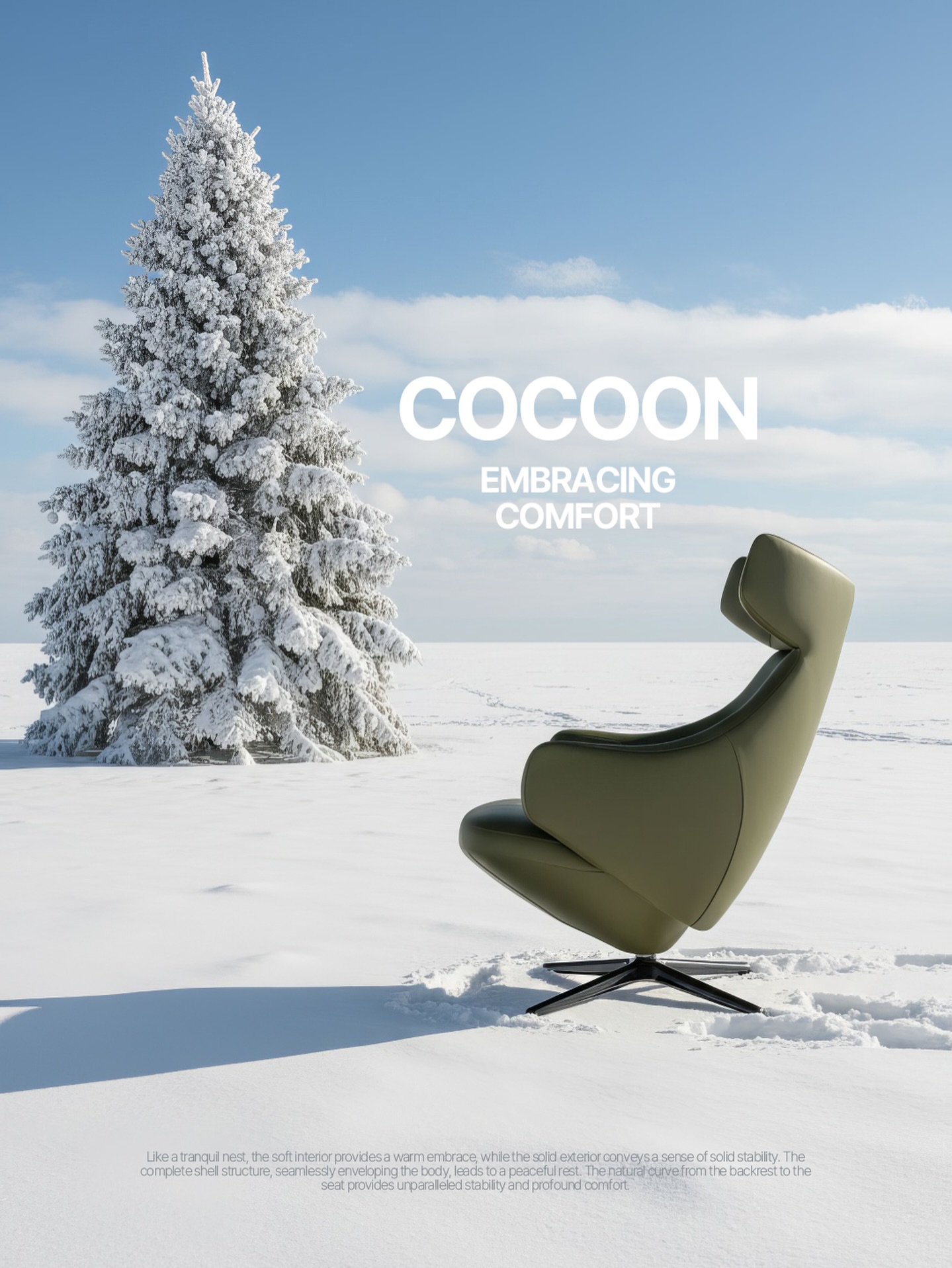 눈부신 설원 위, 한 사람을 위한 조용한 안식처.
포근하게 몸을 감싸 안는 코쿤 체어가 겨울 속 작은 온기를 만들어 줍니다.

눈처럼 고요한 외관 안에 깊은 쉼을 품은 디자인.
등과 머리를 감싸는 유려한 쉘 라인이 앉는 순간, 나만의 캡슐처럼 공간을 분리해 줍니다.

차가운 계절일수록 더 가까이 두고 싶은 한 자리,
COCOON – EMBRACING COMFORT.