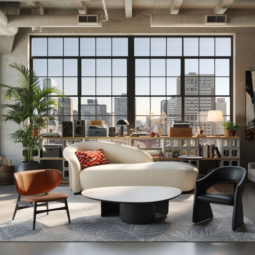 블라썸 소파, 아크 테이블, 마틸다 체어, 임브레이스 라운지 체어